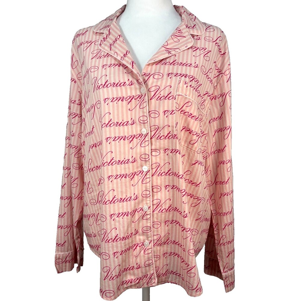 Victoria's Secret‎ Spellout Button Up Striped Sleep Shirt Women's Size M Pink